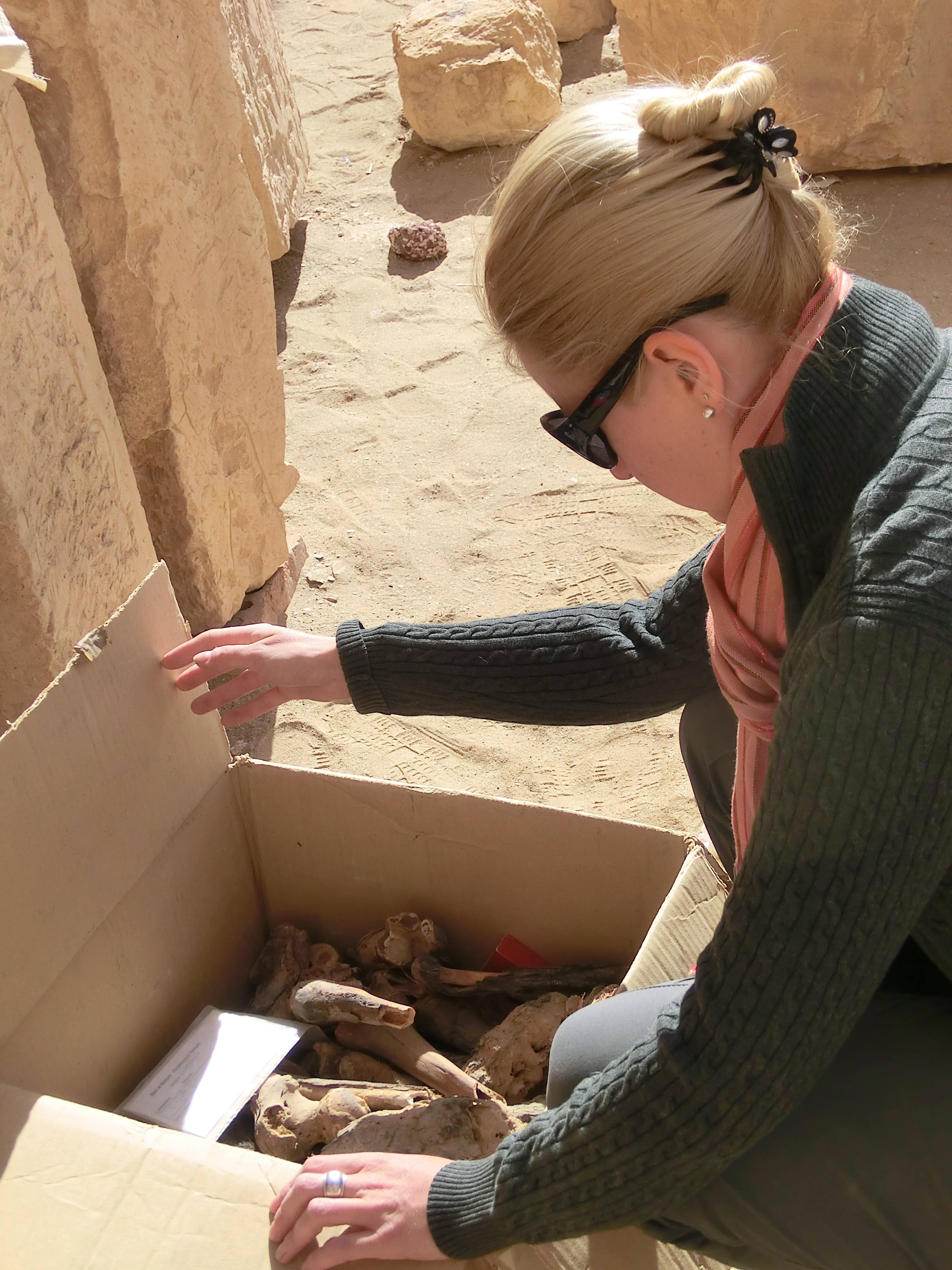Sarah Fortune during checking the boxes with artifacts