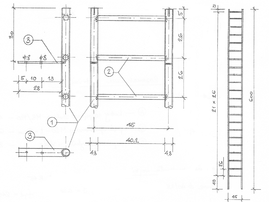Part of the design of the ladder, 1- steel pipe  48/3.5; 2 - pipe 30/2.5; 3 - rectangular tube 50/8. Dimensions are in mm. Figure by M. Michiewicz