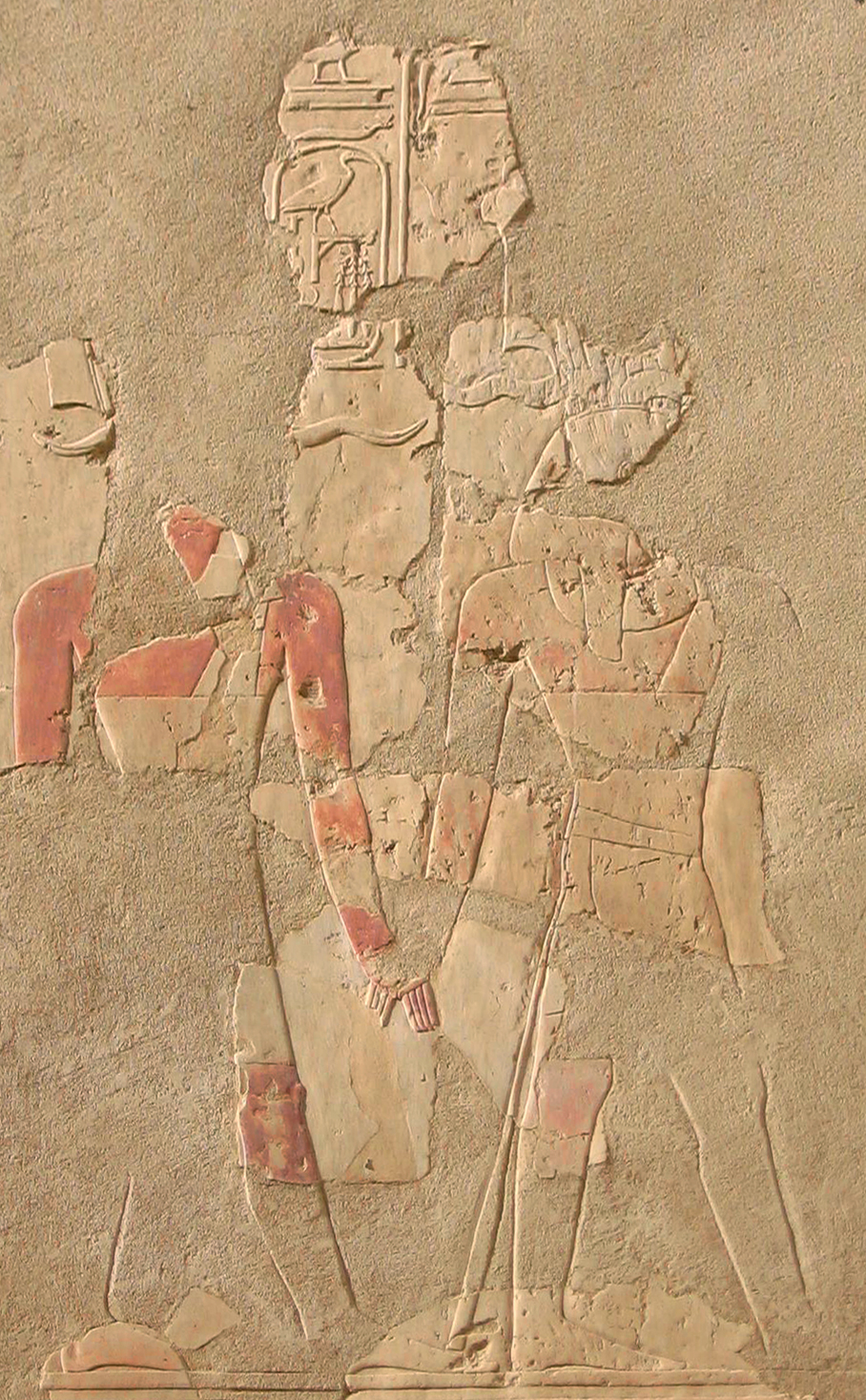 Upper Courtyard, south wall, Hatshepsut leading Tuthmosis III by the hand. Phot. M. Sankiewicz